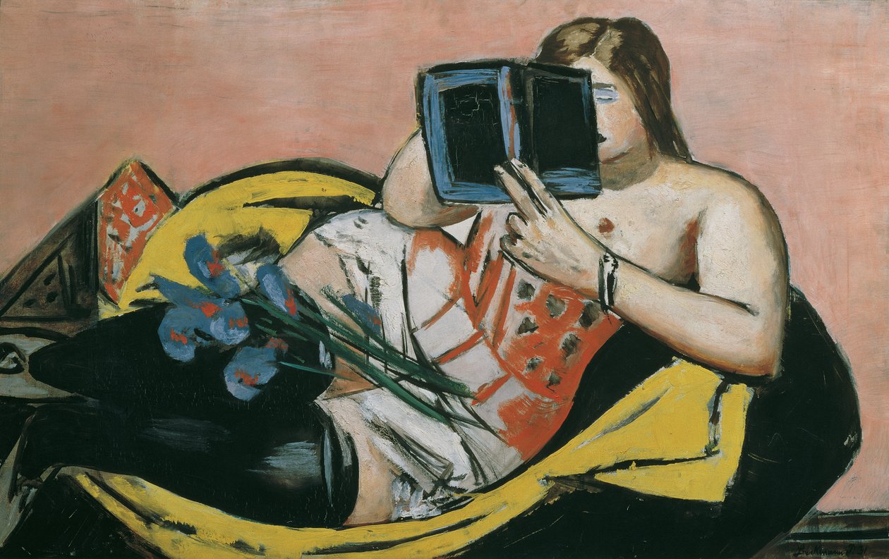 Kvinne som ligger med en bok og iris av Max Beckmann