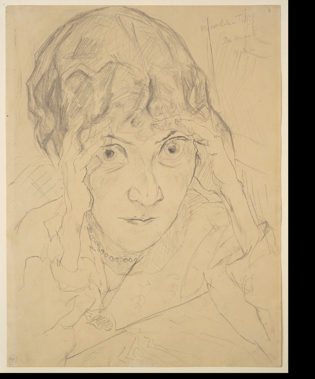Portrett av Fridel Battenberg med hodet hvilende i begge hender av Max Beckmann
