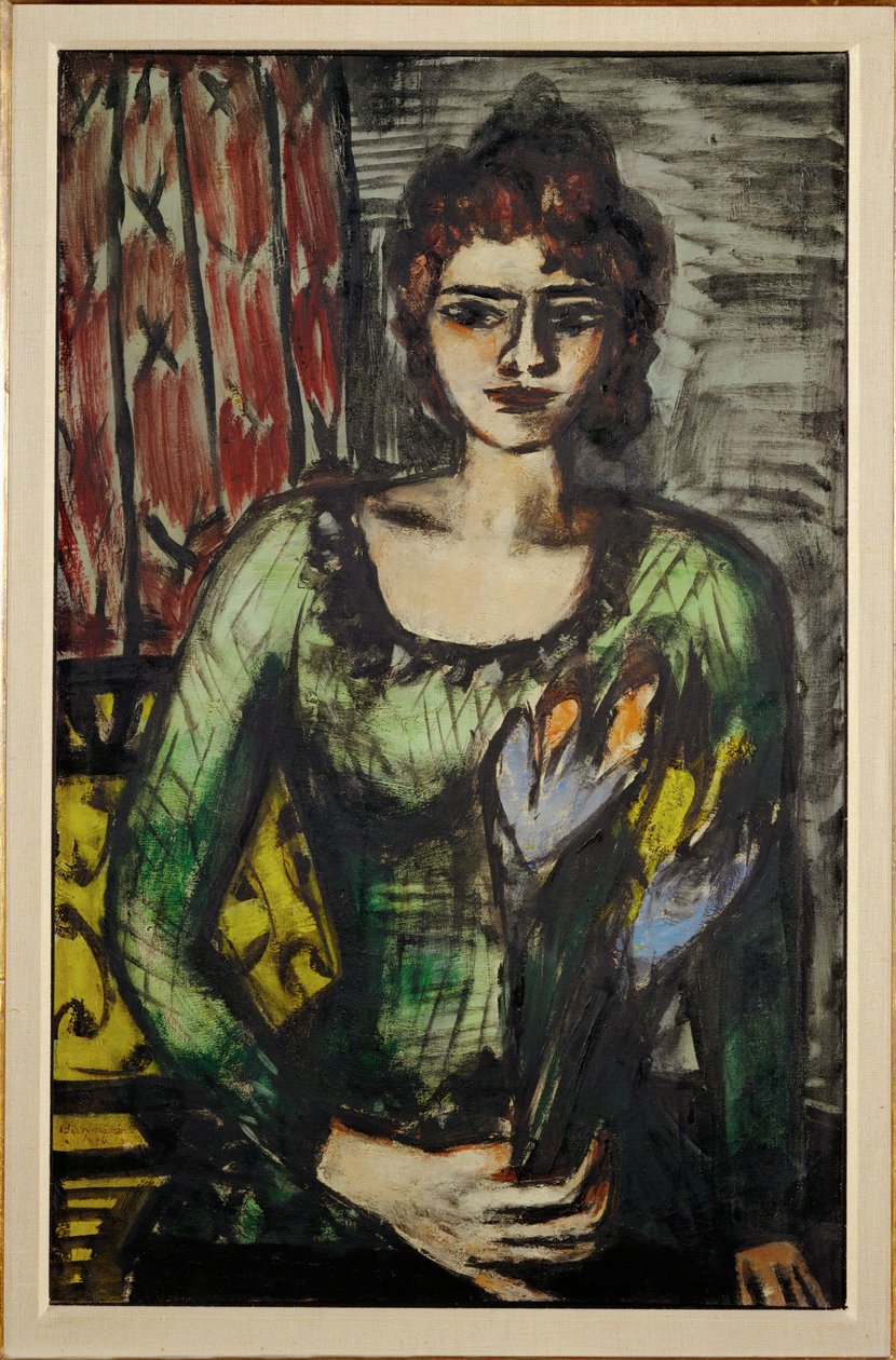 Portrett av Quappi (Beckmanns andre kone Mathilde) med grønn genser av Max Beckmann