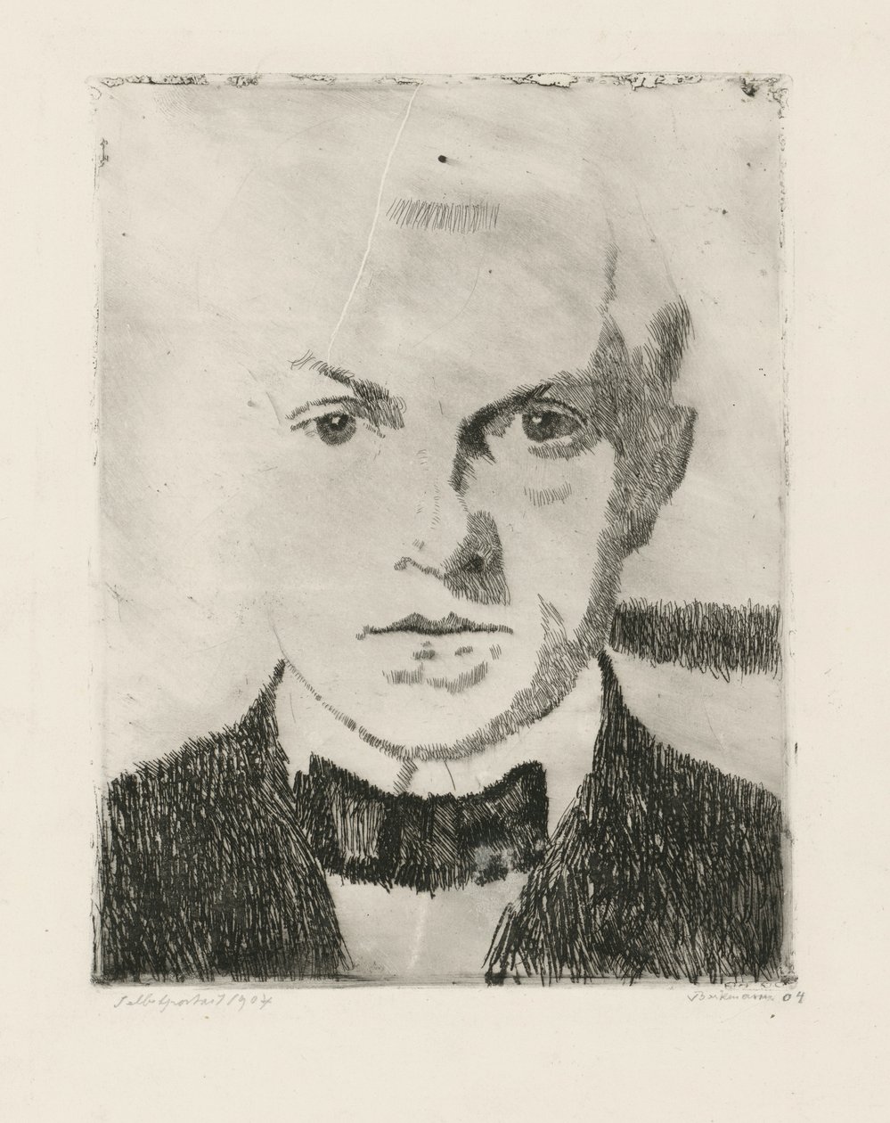 Selvportrett (verso: første tilstandstrykk av koldnålsraderingen "Elskende par" fra 1916, Hofmaier 88 I) av Max Beckmann