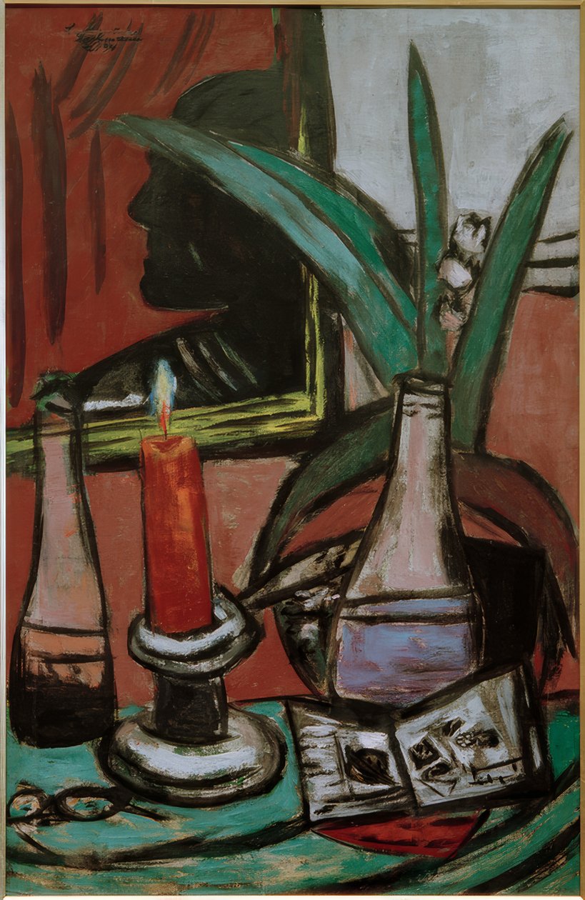 Selvportrett i det store speilet med et stearinlys av Max Beckmann