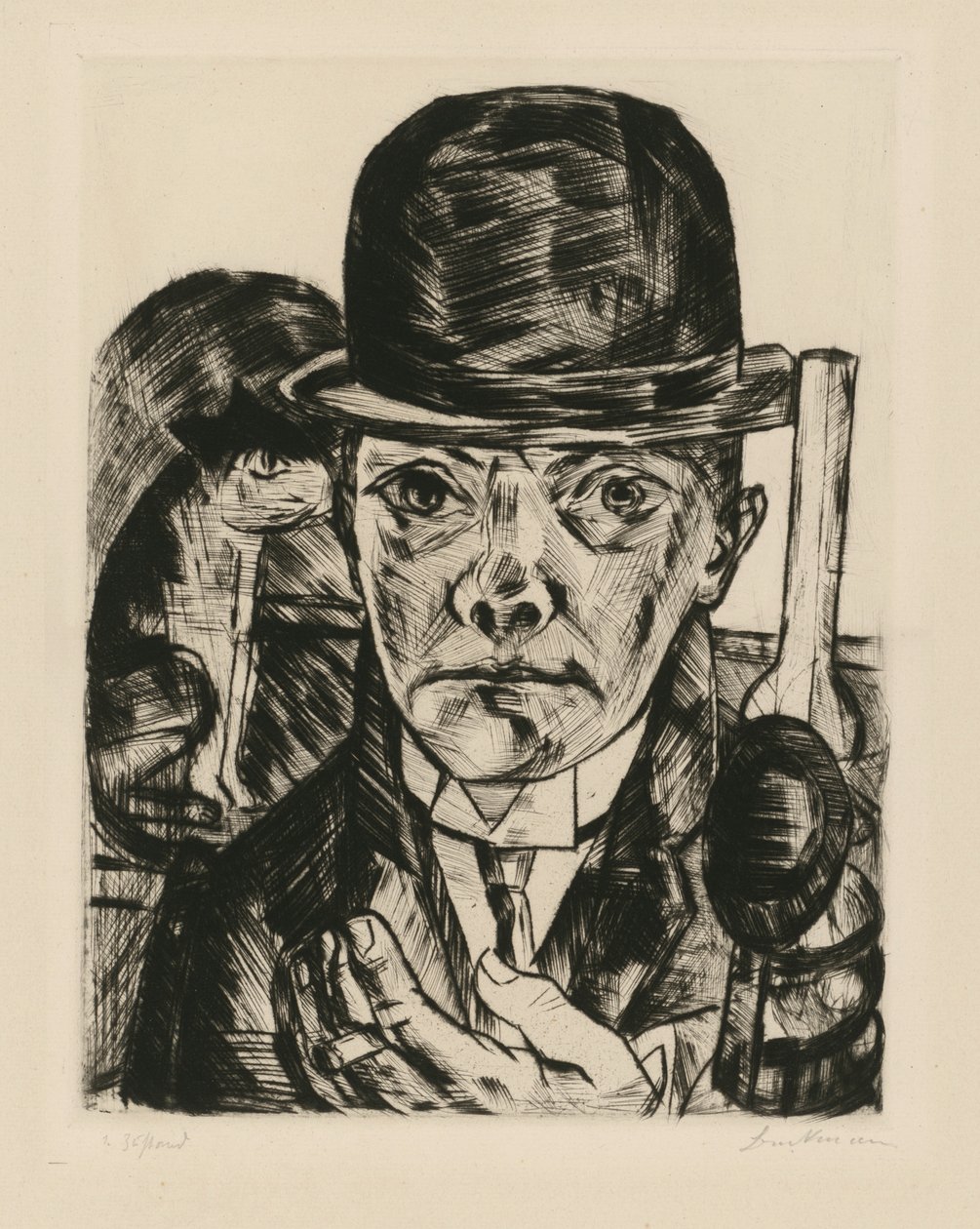 Selvportrett med stiv hatt av Max Beckmann