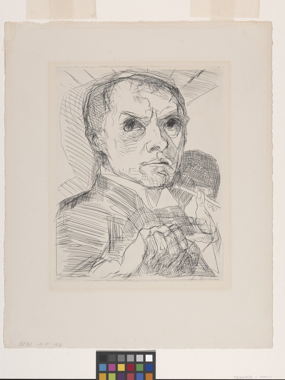 Selvportrett med penn (tørrpunkt på off-white lagt papir) av Max Beckmann