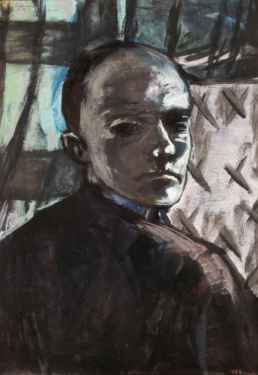 Selvportrett med grønn gardin av Max Beckmann