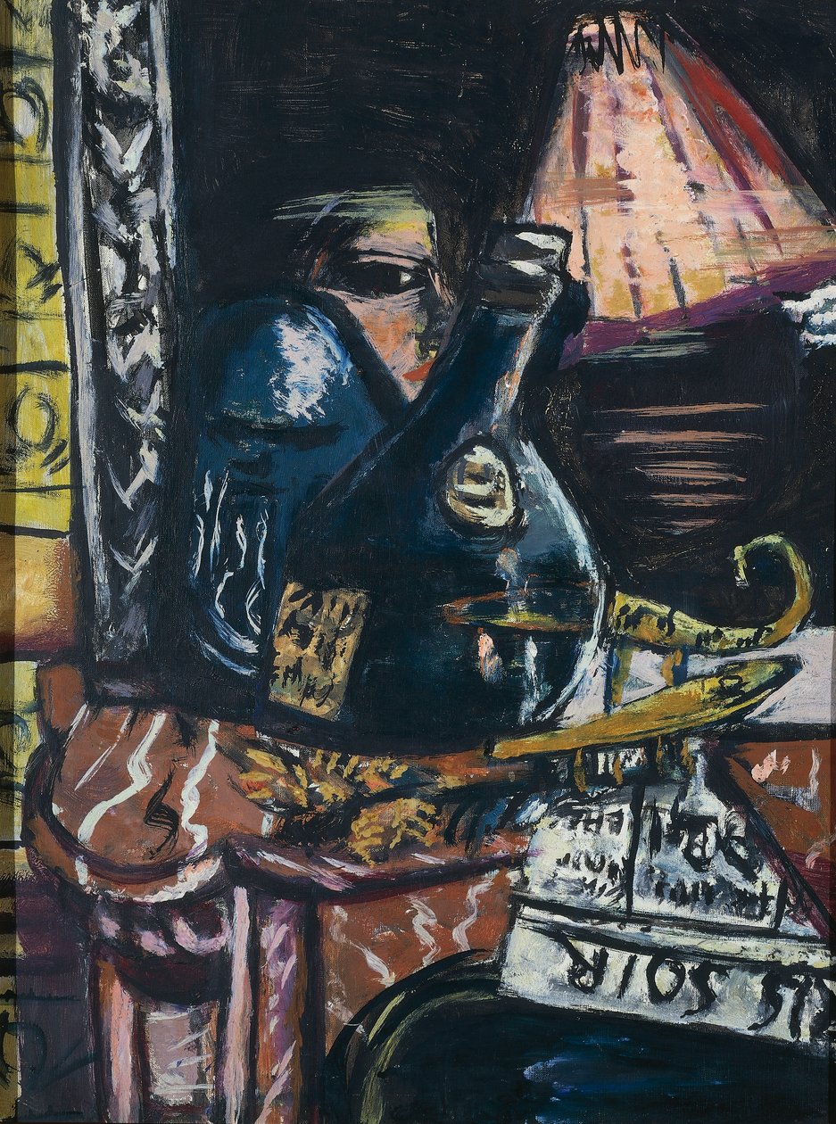 Fortsatt liv med skjev snapseflaske og Buddha av Max Beckmann