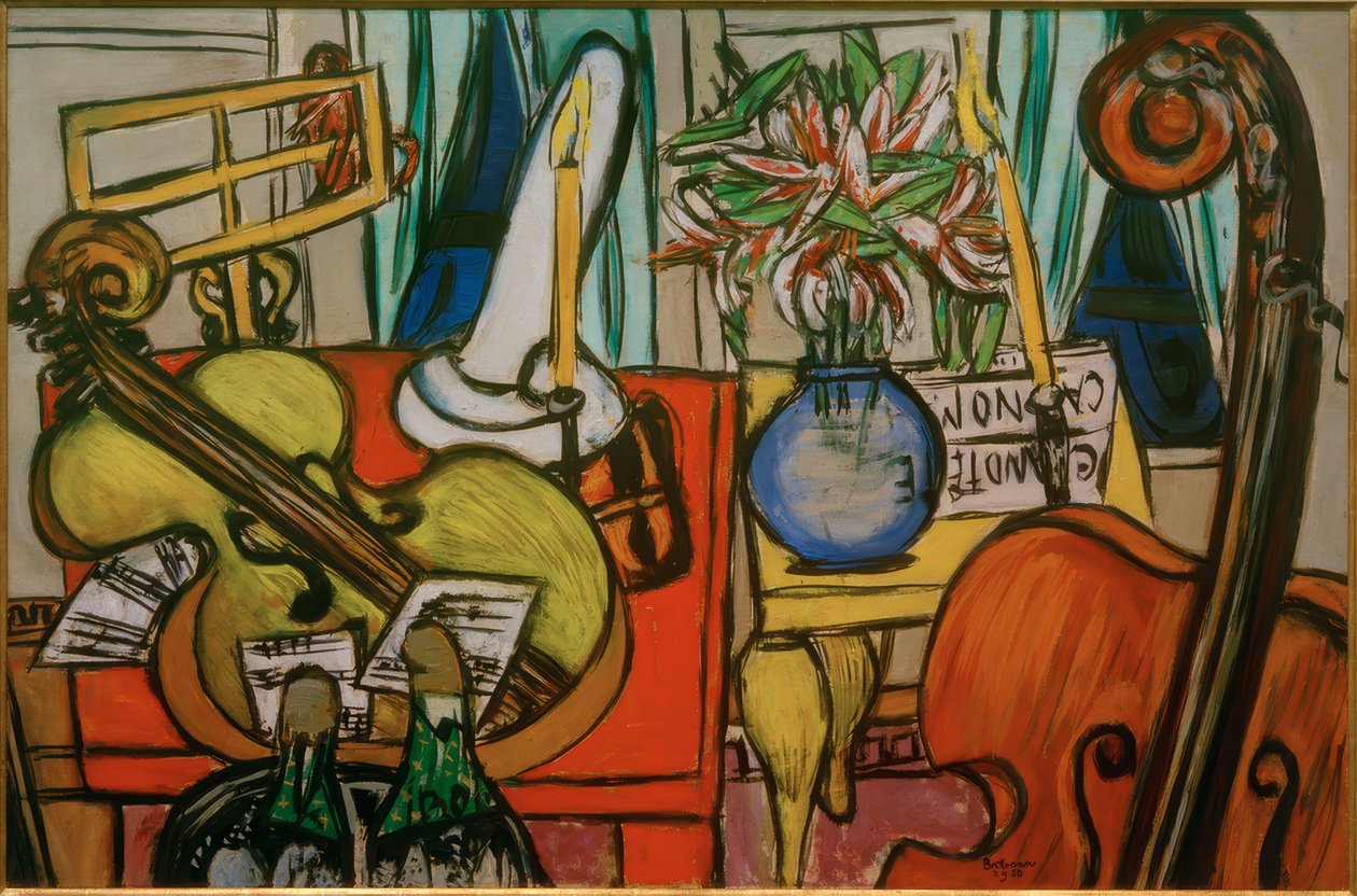 Stilleben med cello og bassfiolin av Max Beckmann