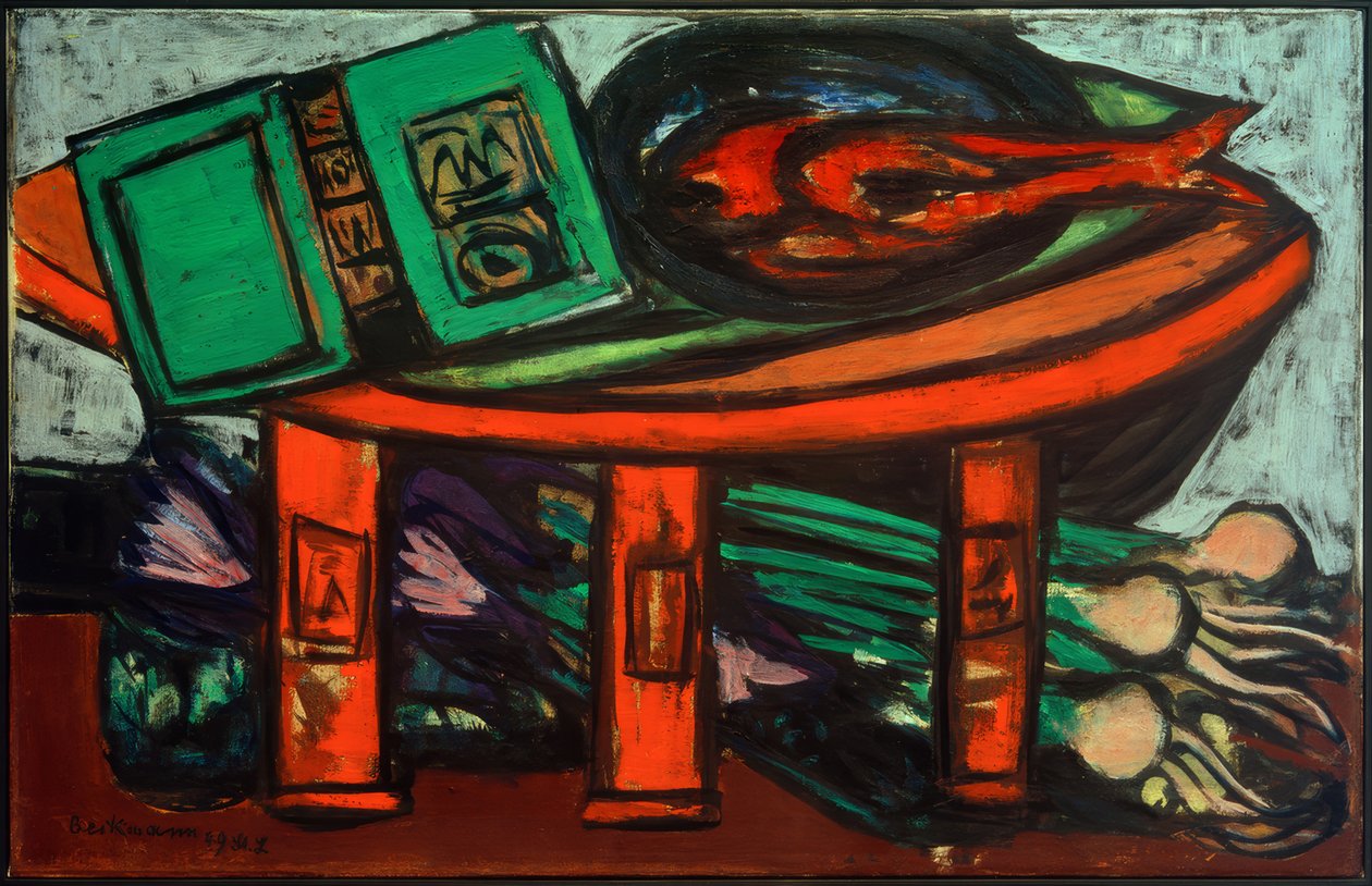 Stilleben med grønn bok og reddiker av Max Beckmann