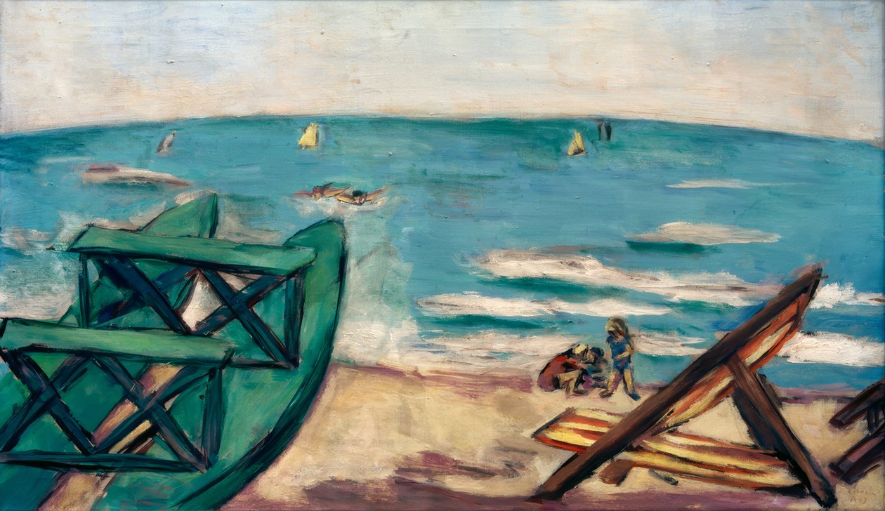 Strand med båt og fluktstol av Max Beckmann