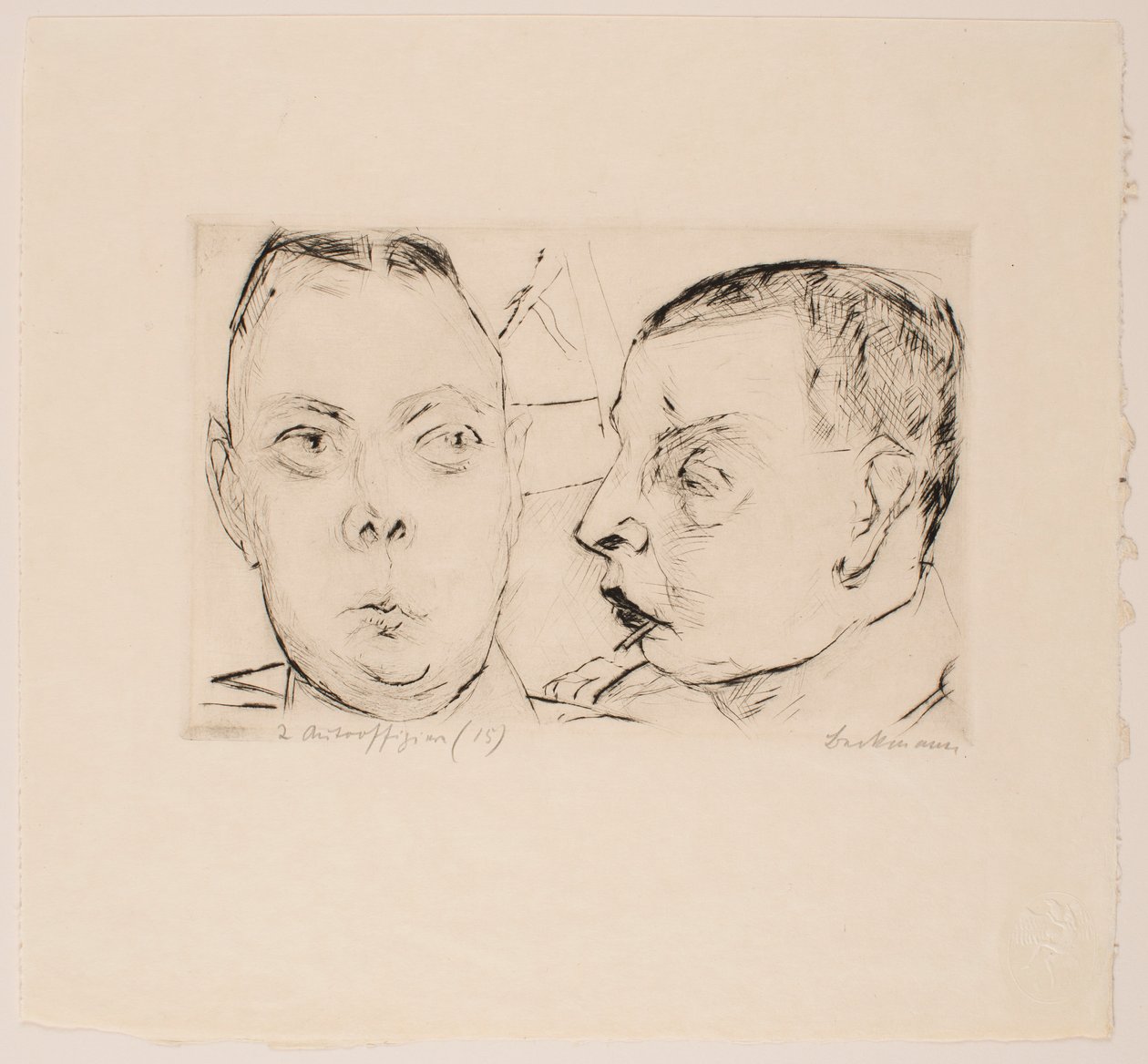 To bilbetjenter, plate 15 fra porteføljen "Faces" av Max Beckmann