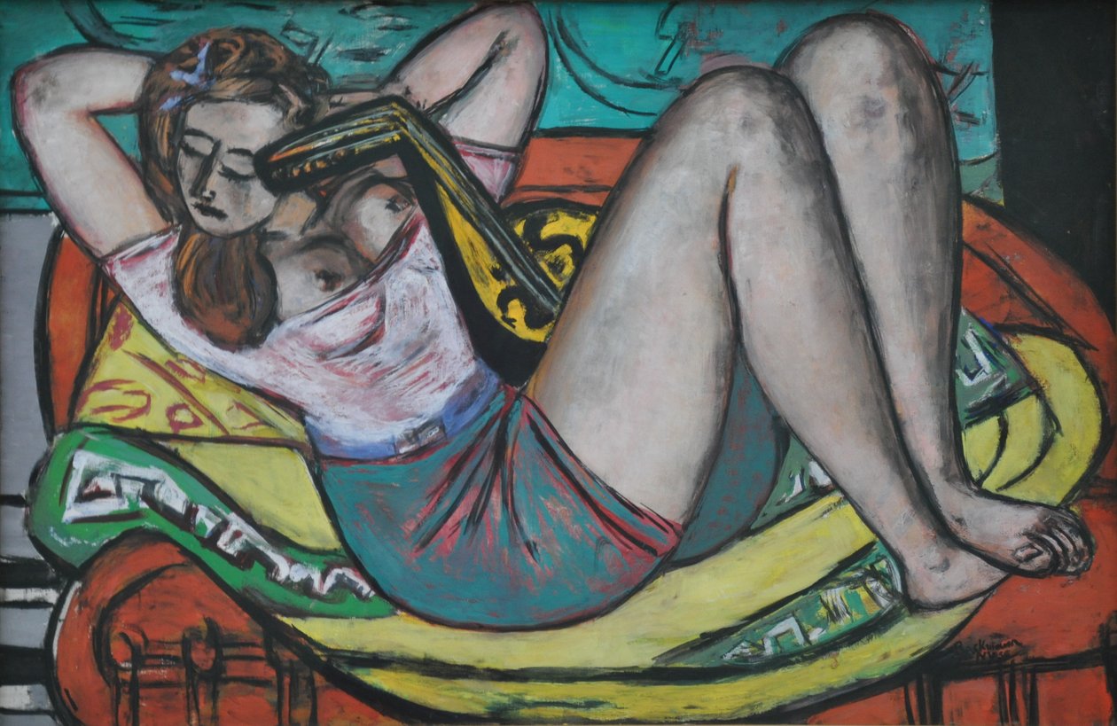 Kvinne med mandolin i gult og rødt av Max Beckmann