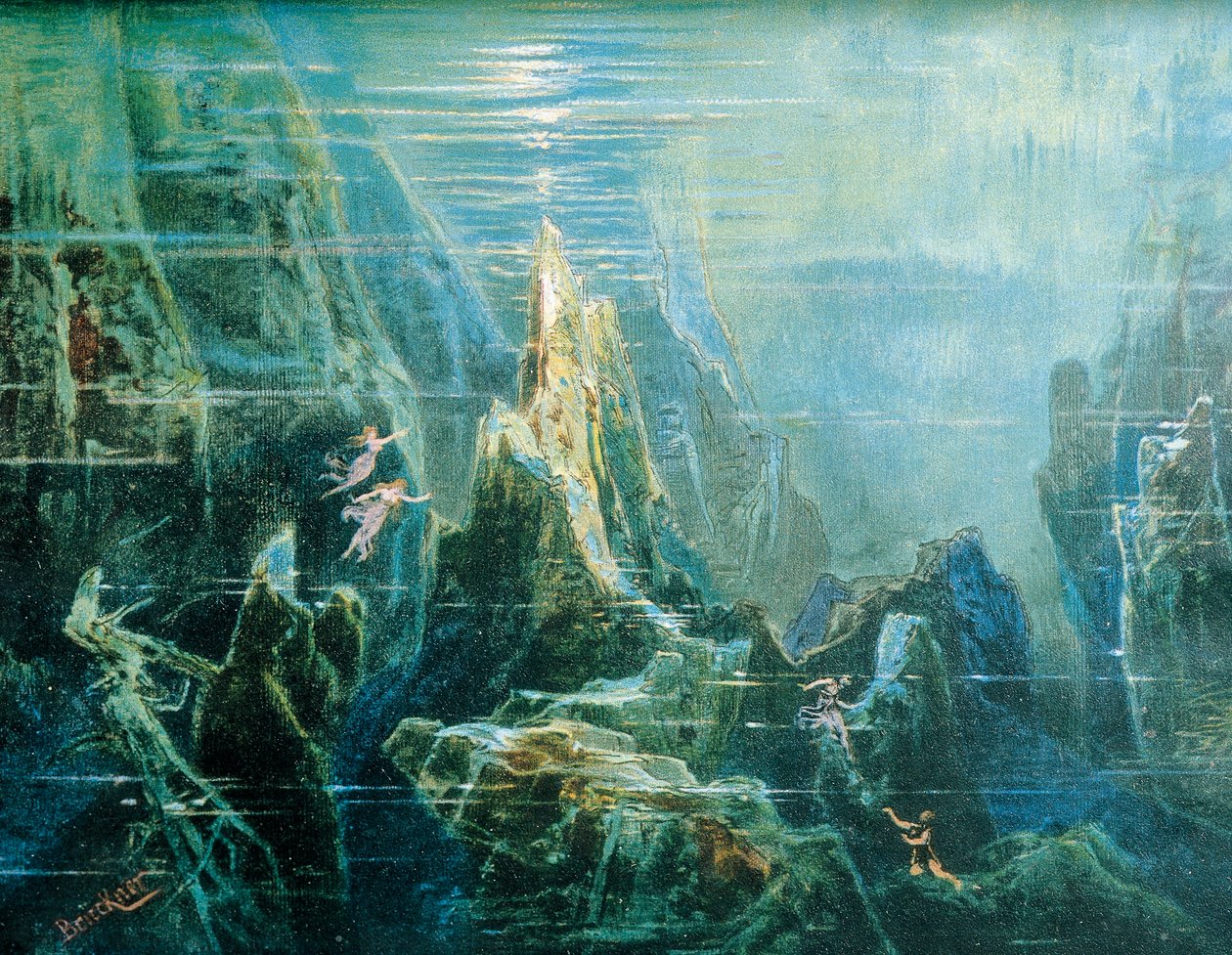 Tyskland, Bayreuth, Scenografi for forestilling The Ring of the Nibelung - The Rhinegold av Richard Wagner, Rhindøtrene av Max Bruckner