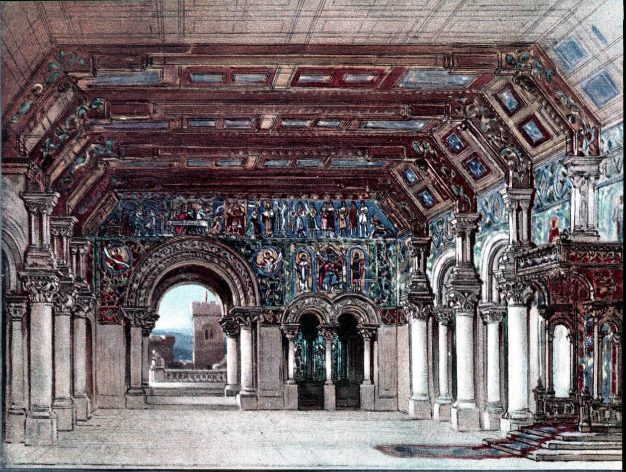 Sett til Richard Wagners opera Tannhauser. Scenografi av Bruckner 1891. Bayreuth, Wagner-museet. av Max Bruckner