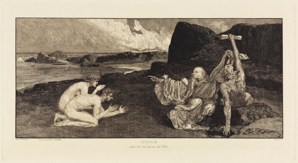 Intermezzo (Adam og Eva og Døden og Djevelen) (En kjærlighet, opus X, blad 6) av Max Klinger