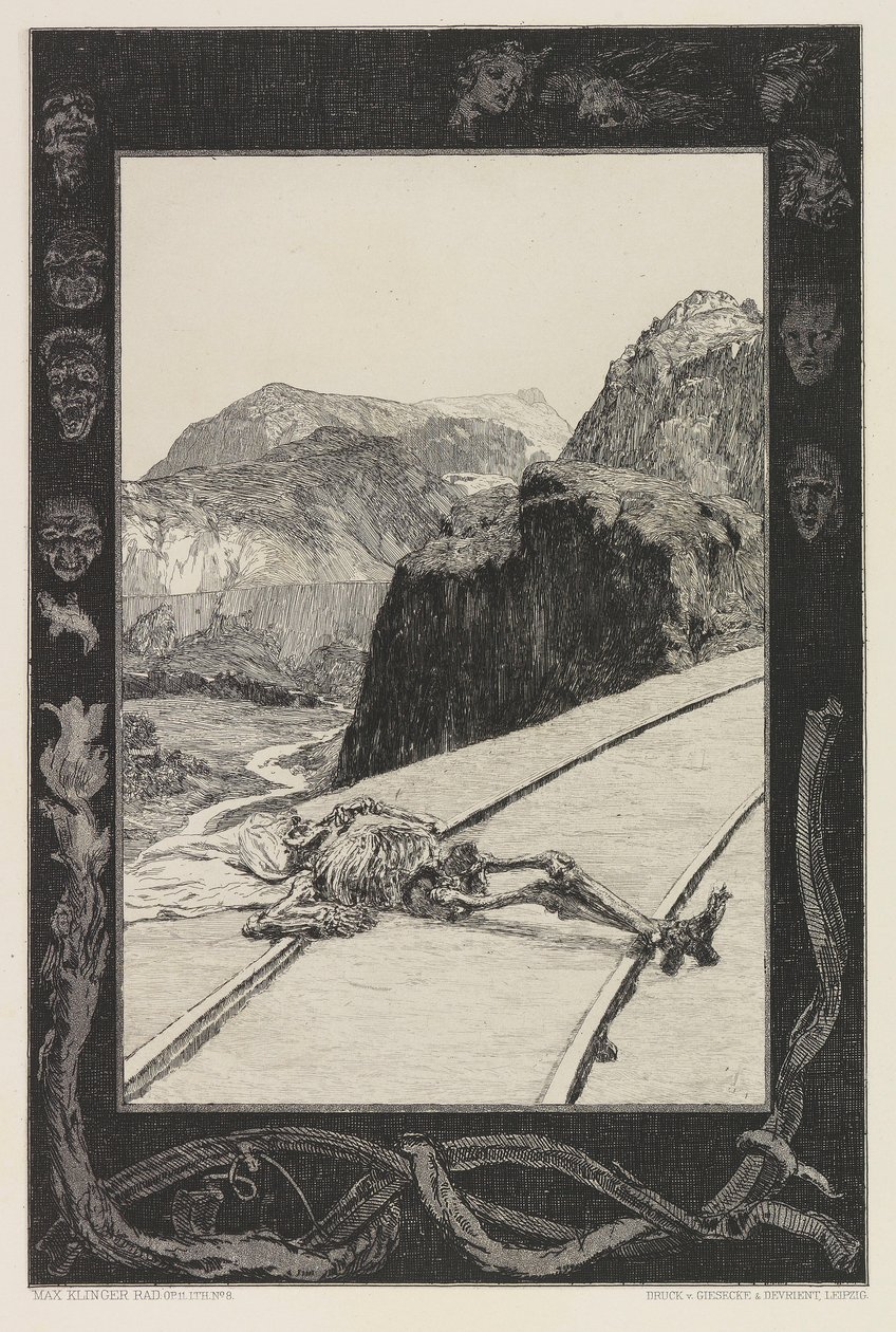 On the Tracks, plate 8 fra porteføljen On Death, Part I, Opus XI, 1897. av Max Klinger