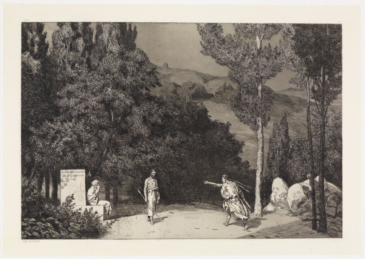 Pyramus og Thisbe III (Redninger av ovidiske ofre, opus II, blad 4) av Max Klinger