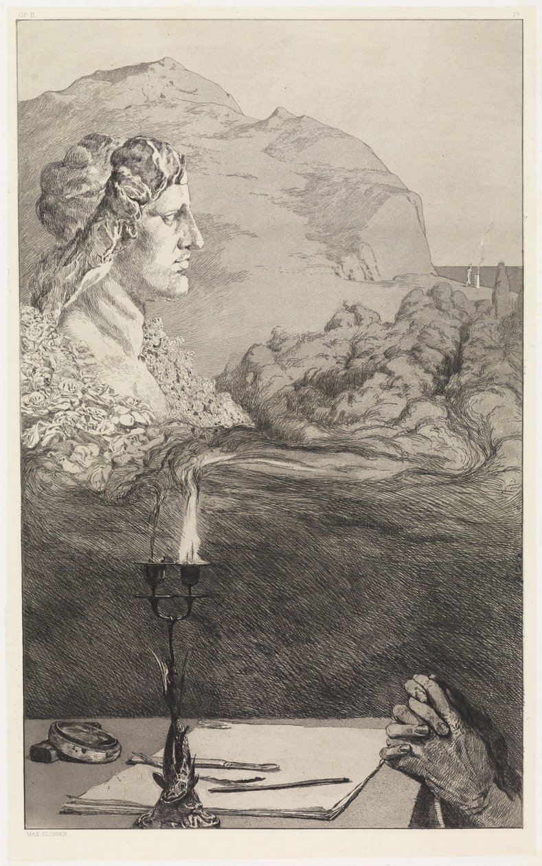 Tittelblad (Malende dedikasjon / Påkallelse) (Redninger av ovidiske ofre, opus II, blad 1 [1b]) av Max Klinger