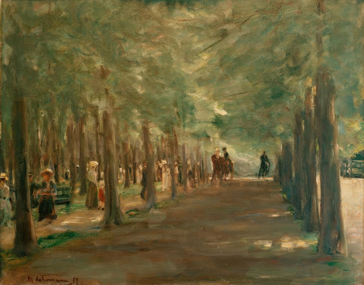 Bakgate i dyrehagen med ryttere og turgåere av Max Liebermann