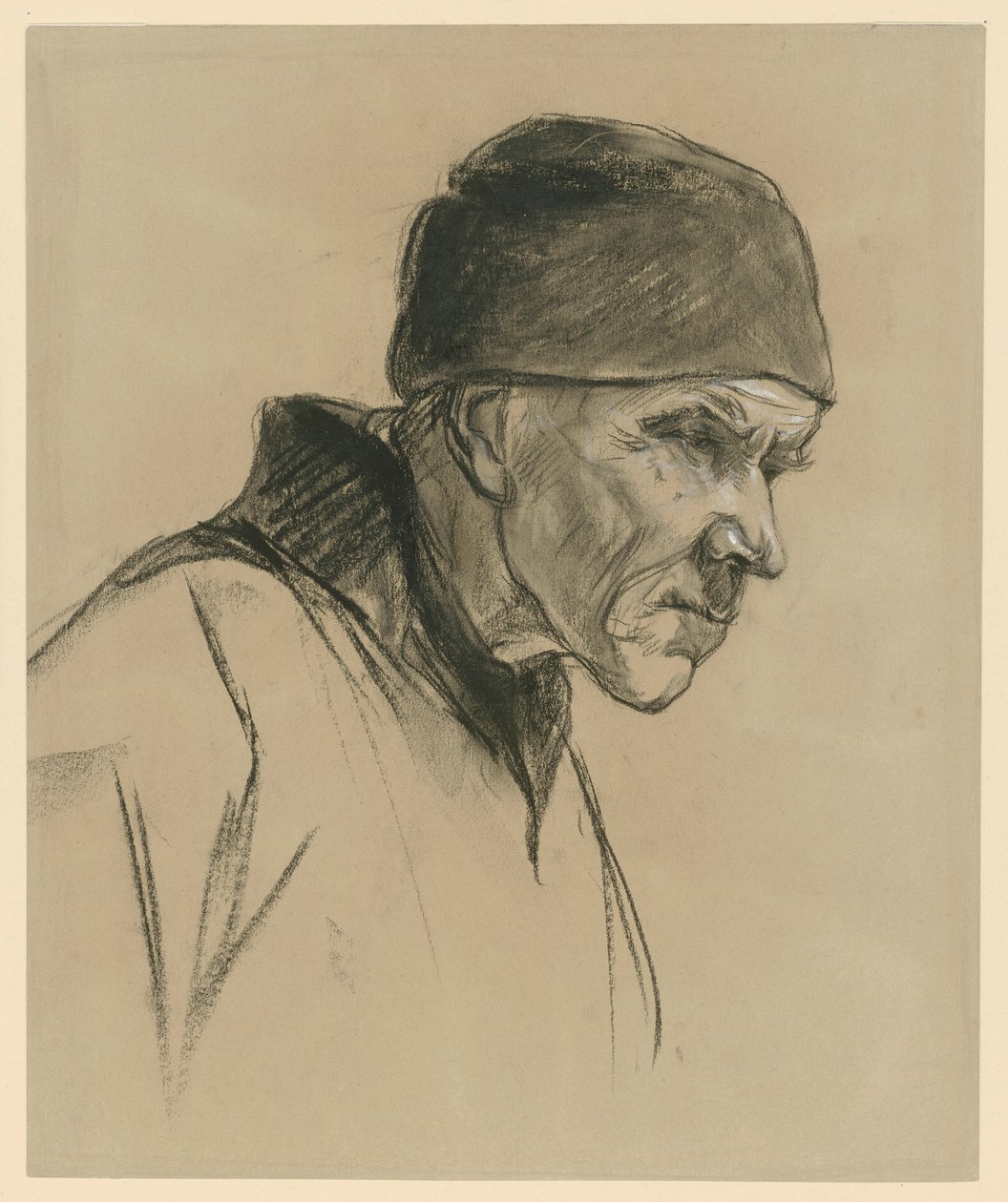 Gammel mann med lue (brystbilde, profil mot høyre), studie til: Gående bonde (1894) av Max Liebermann