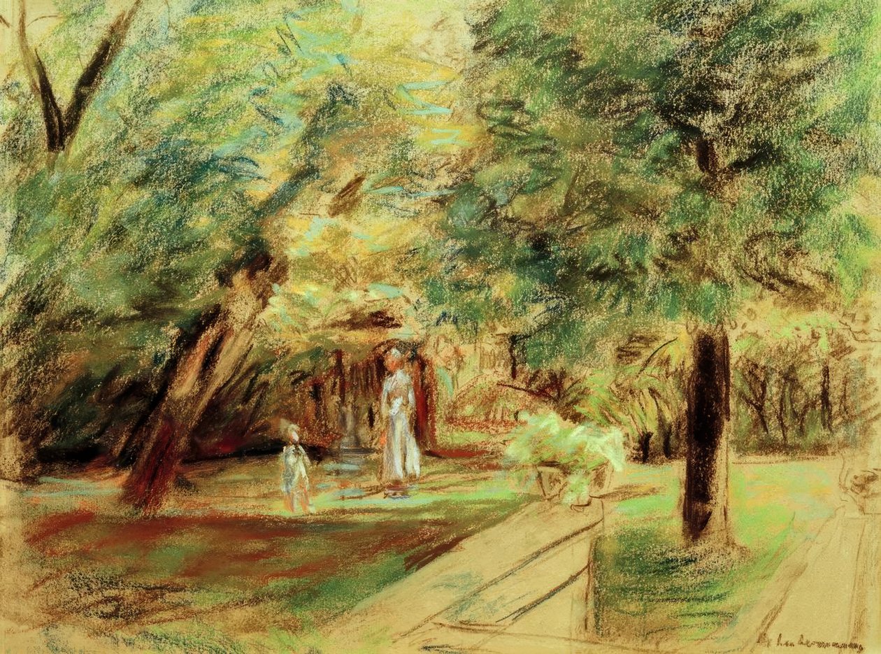 Barnebarn med barnepike foran hekkehager av Max Liebermann