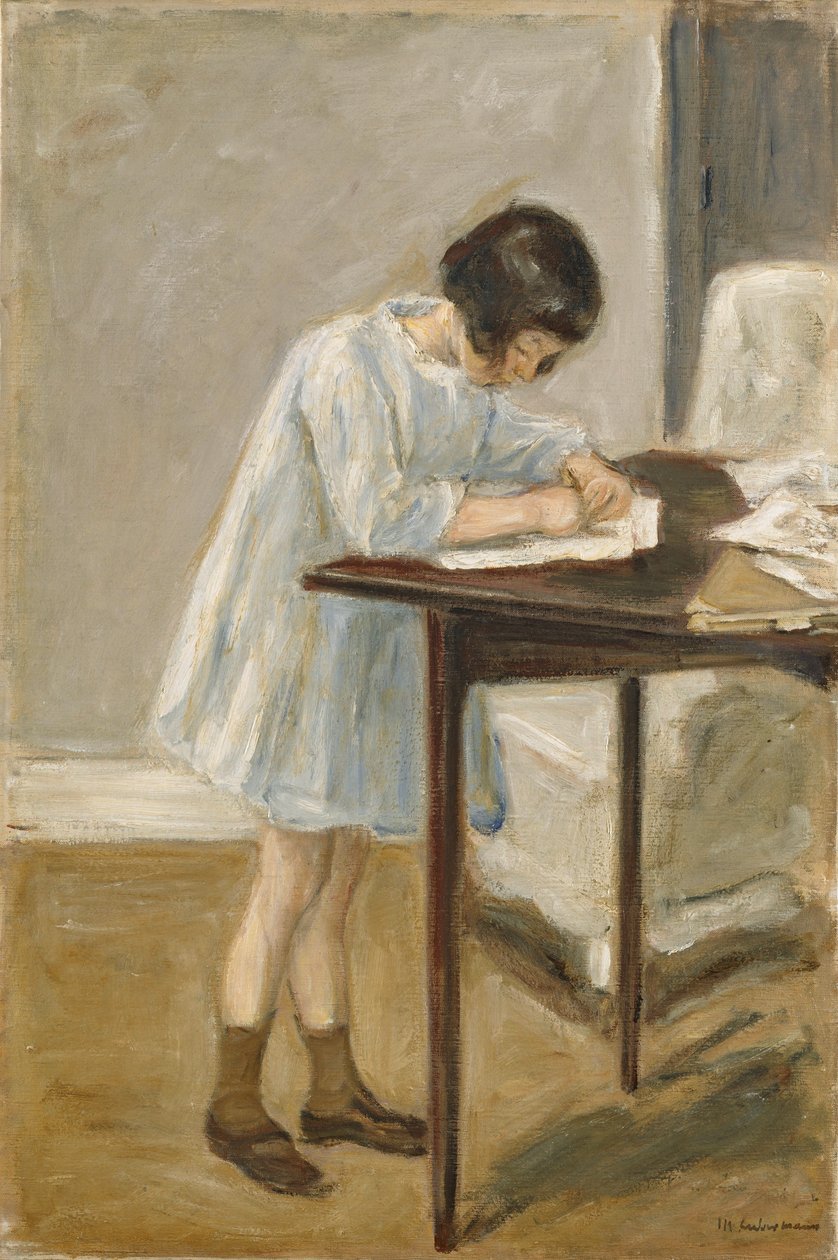 Barnebarn, stående jente som skriver av Max Liebermann