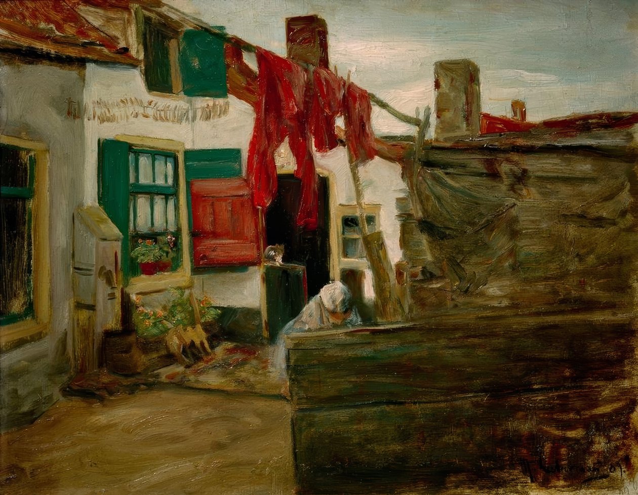 Hollandsk landsbyhjørne med klesvask hengende av Max Liebermann