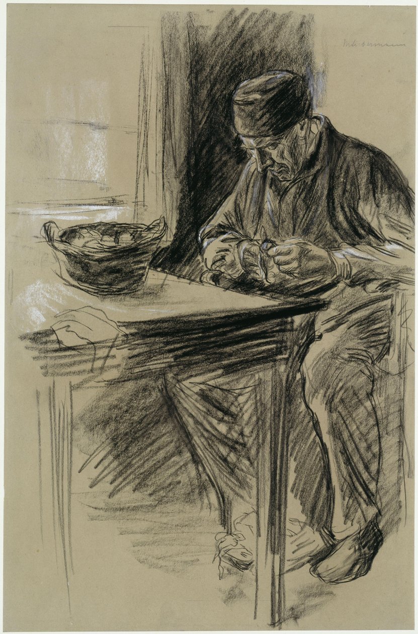Gammel mann som skreller poteter i Laren av Max Liebermann