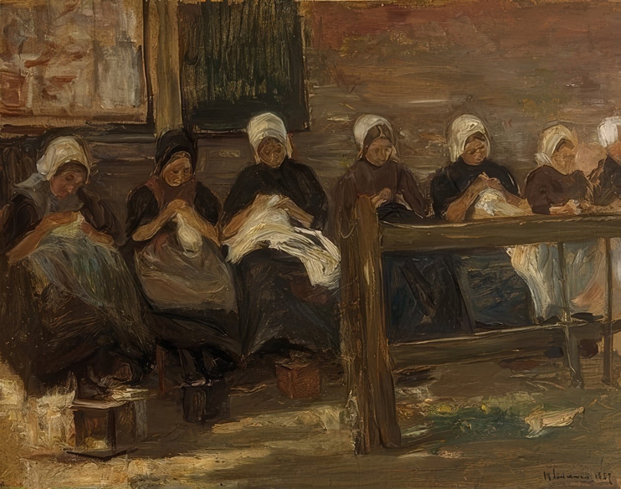 Sy jenter i Huyzen - Study with Seven Figures. 1889 av Max Liebermann