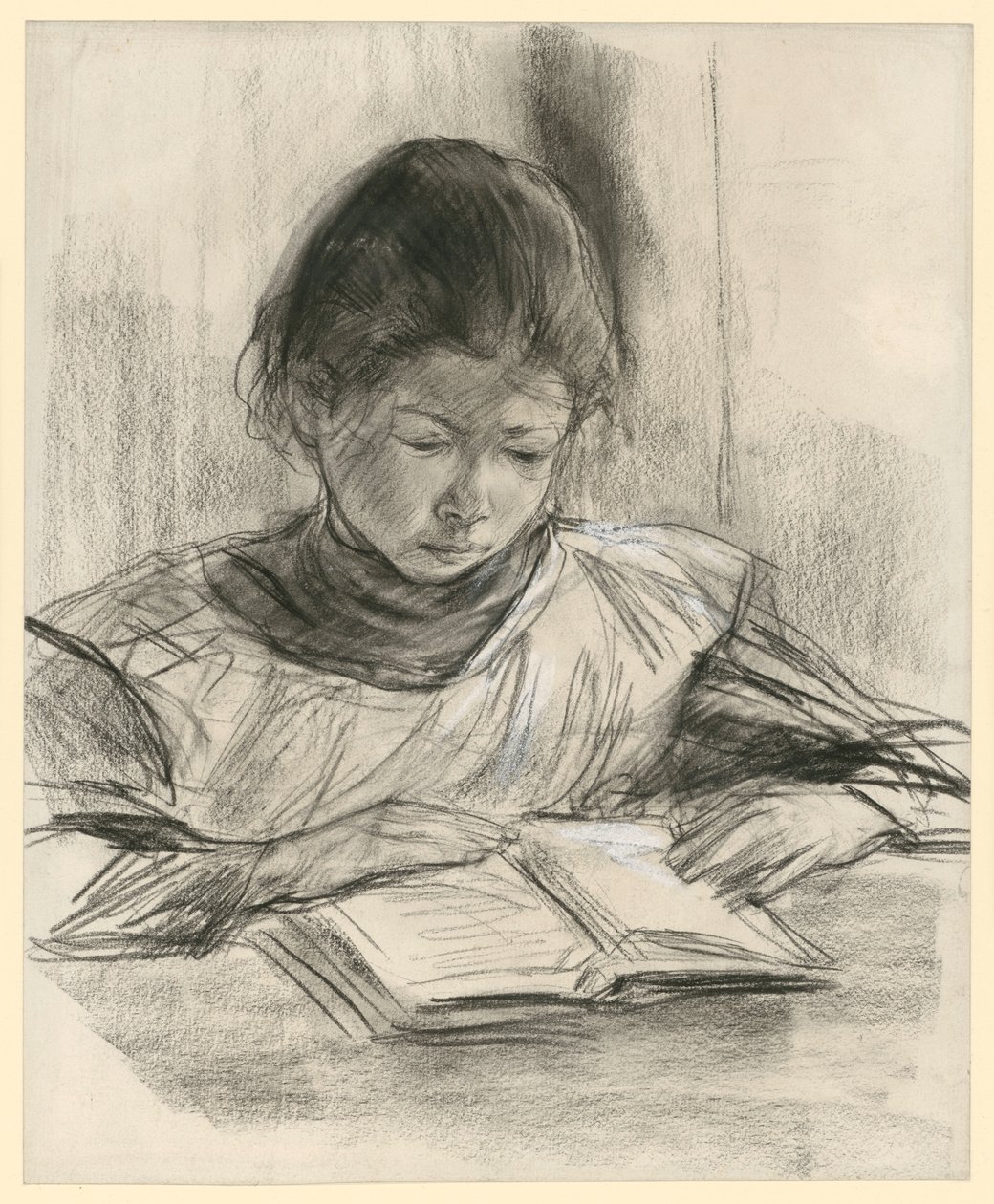 Portrett av kunstnerens datter. Brystbilde en face ved bordet og lesende av Max Liebermann