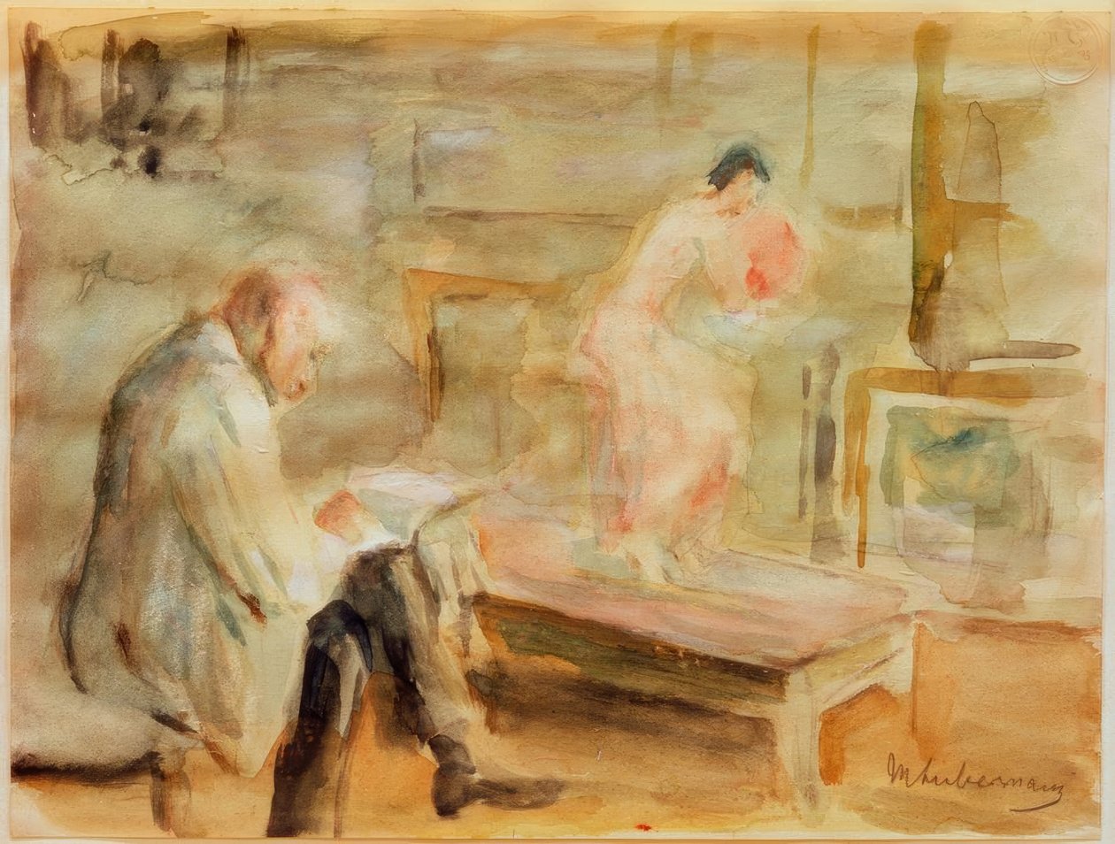 Selvportrett med modell i studioet til Wannsee-villaen av Max Liebermann