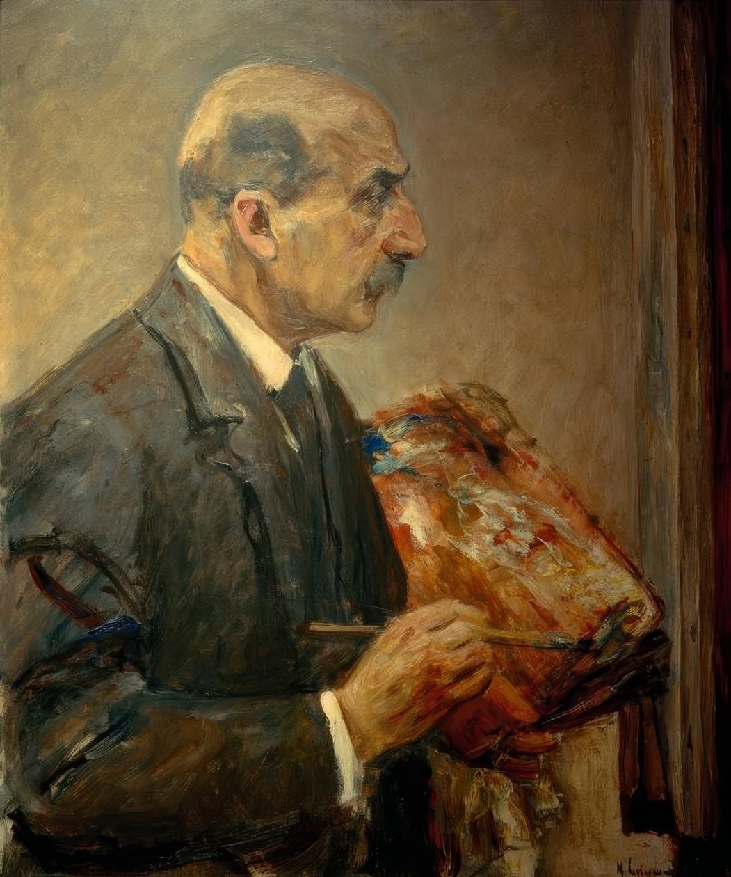 Selvportrett med palett på staffeli, i profil etter av Max Liebermann