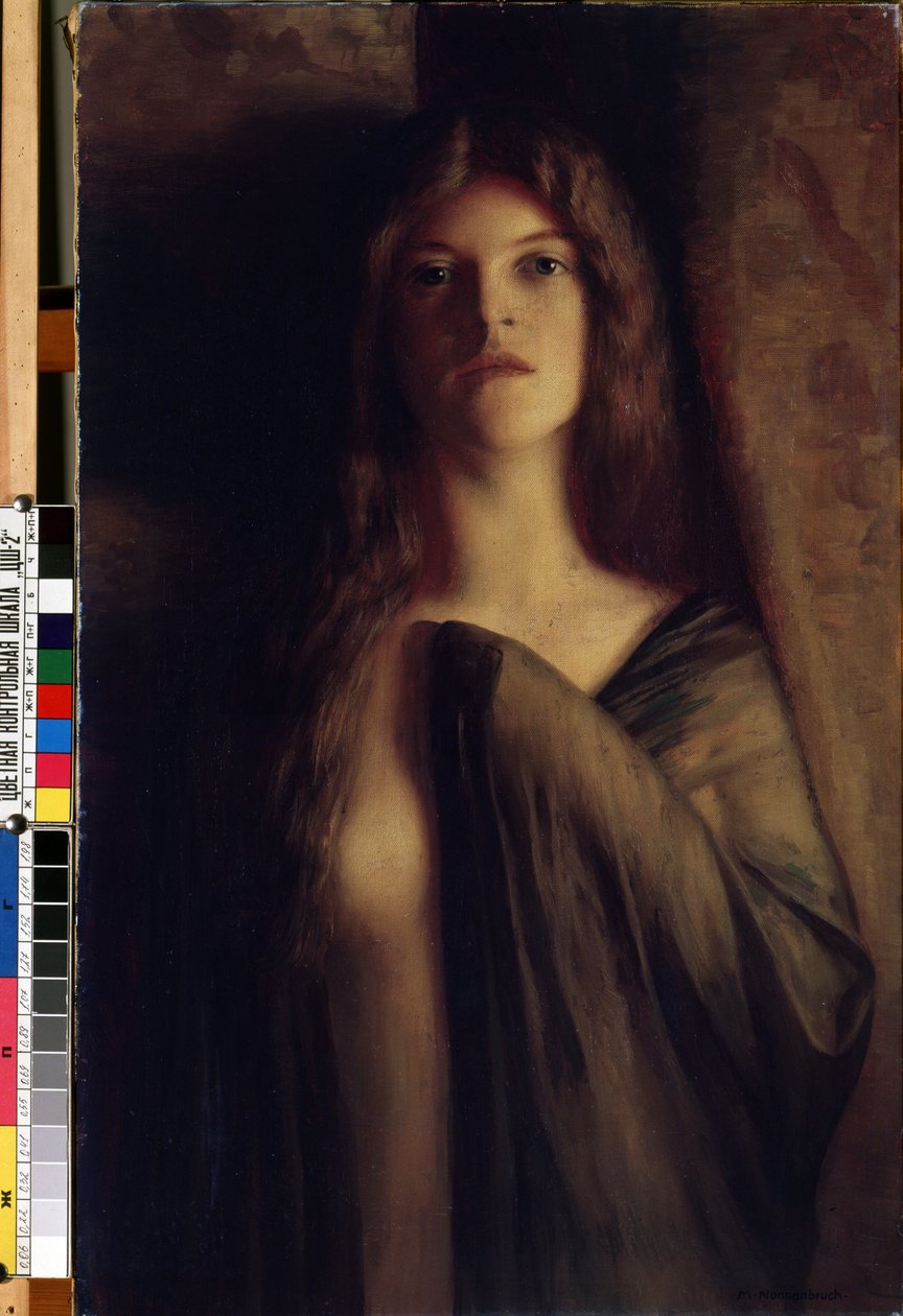 Portrait of a young woman"" (Portrait of a girl) Ung jente med et trist og dystert uttrykk, kledd i et gjennomsiktig slør. Maleri av Max Nonnenbruch (1857-1922) (ny kunst) Olje på lerret. Mikalojus Konstantinas Ciurlionis kunstmuseum, Kaun av Max Nonnenbruch