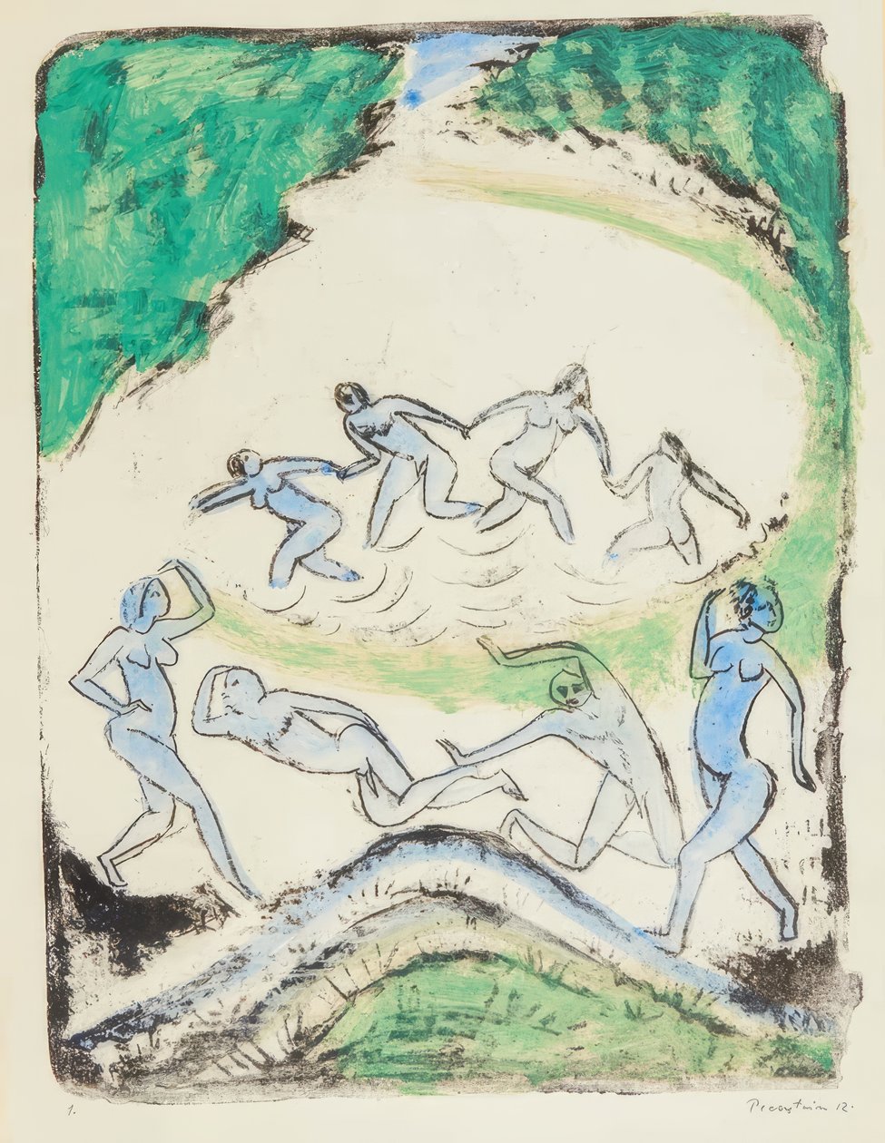 Dansen (Dansere og badende ved skogdammen) av Max Pechstein