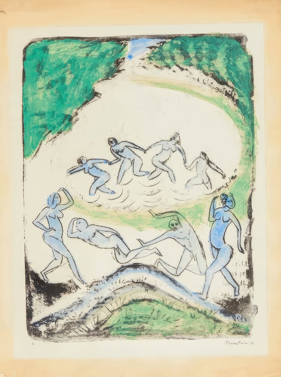 Dansen (dansere og badende ved skogdammen) av Max Pechstein