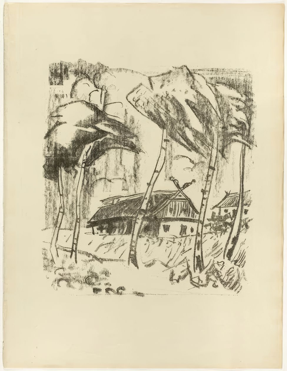 Gård bak bjørketrær, fra Samland-oden av Max Pechstein