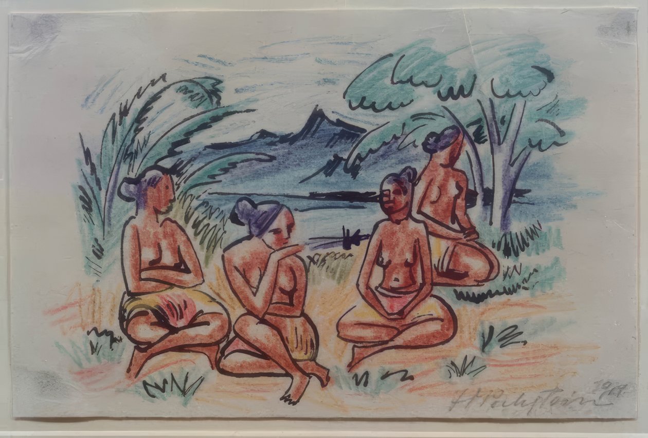Reisebilder Italia - Sørhavet (sittende kvinner) av Max Pechstein