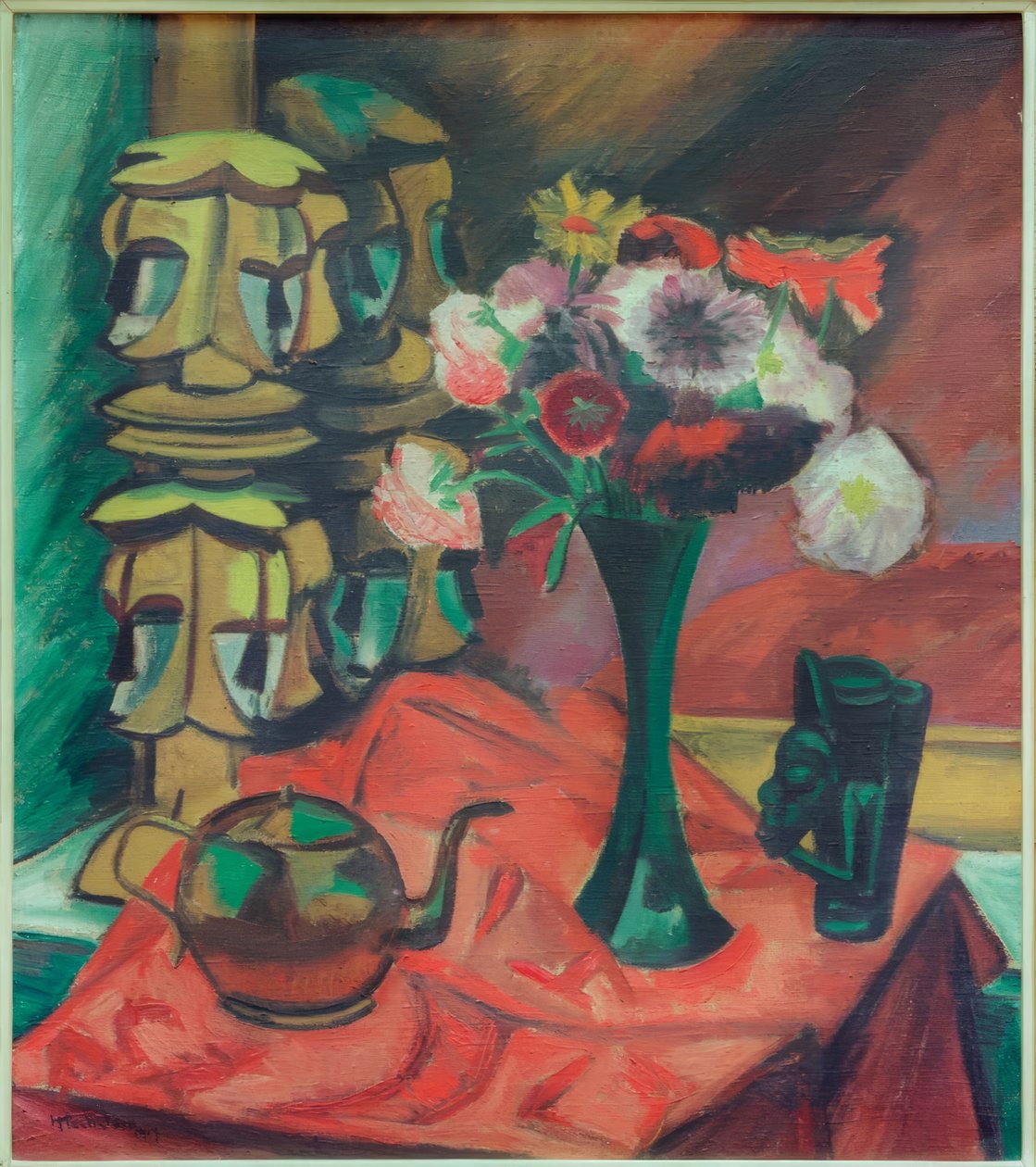 Stilleben med masker og blomster av Max Pechstein