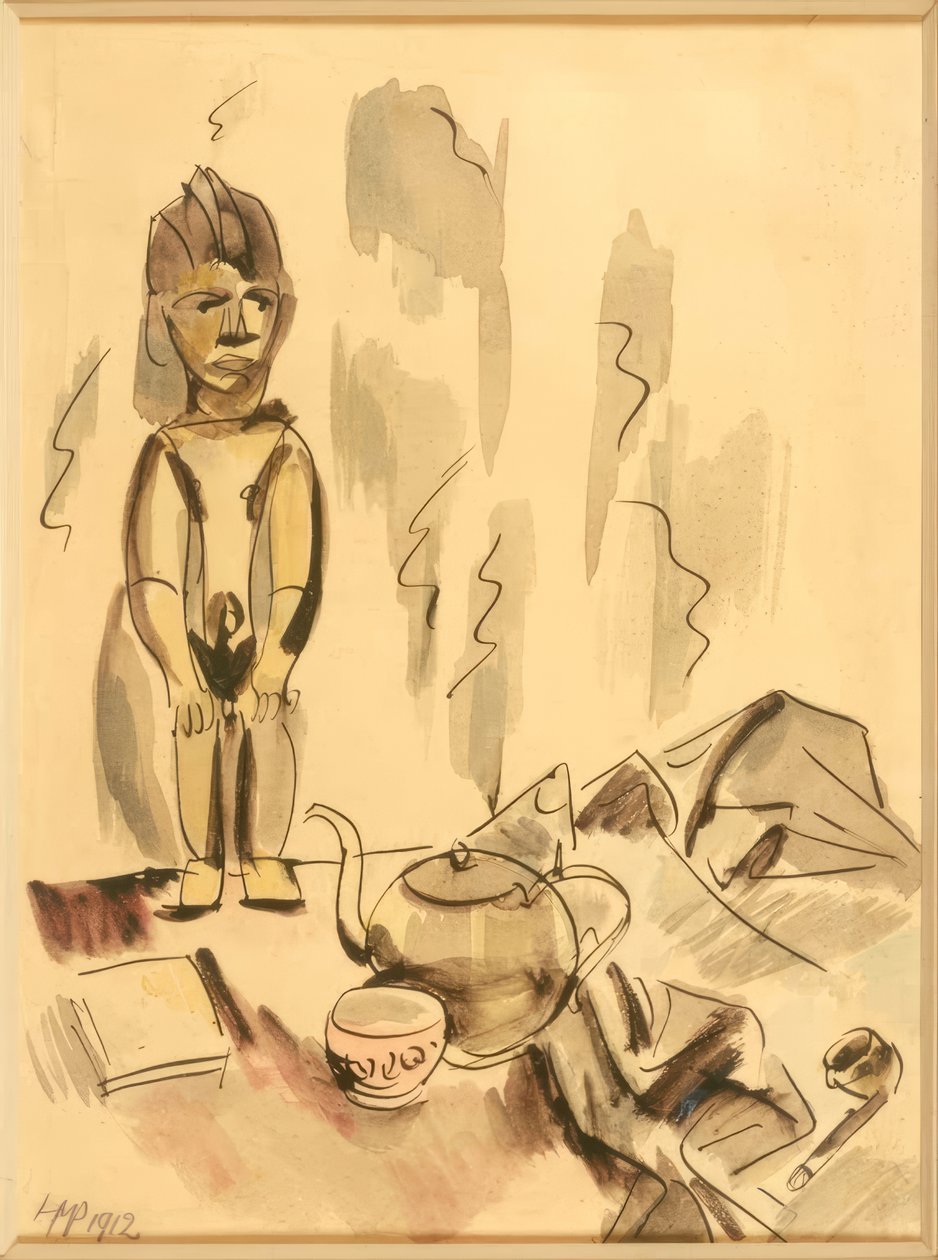 Stilleben mit Teekanne, Pfeife und afrikanischer Figur von Max Pechstein