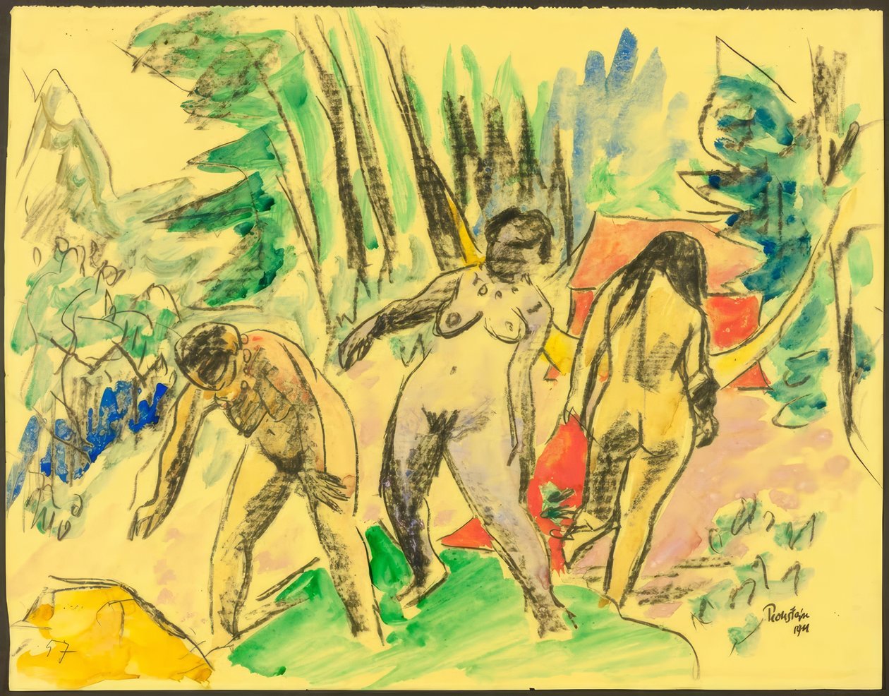 Tre nakenbilder i skogen av Max Pechstein