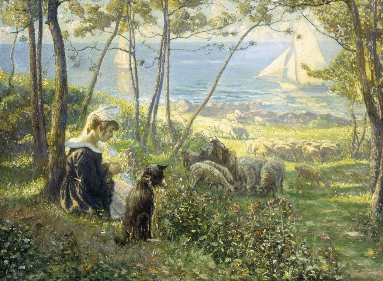 En sommerdag ved havet (olje på lerret) av Max Silbert