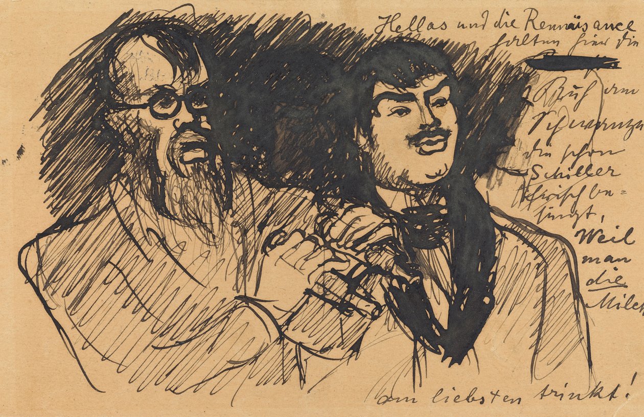 Drei Lenbach-Karikaturen: a) Brustbild; b) Ganzfigur; c) zusammen mit Stuck av Max Slevogt