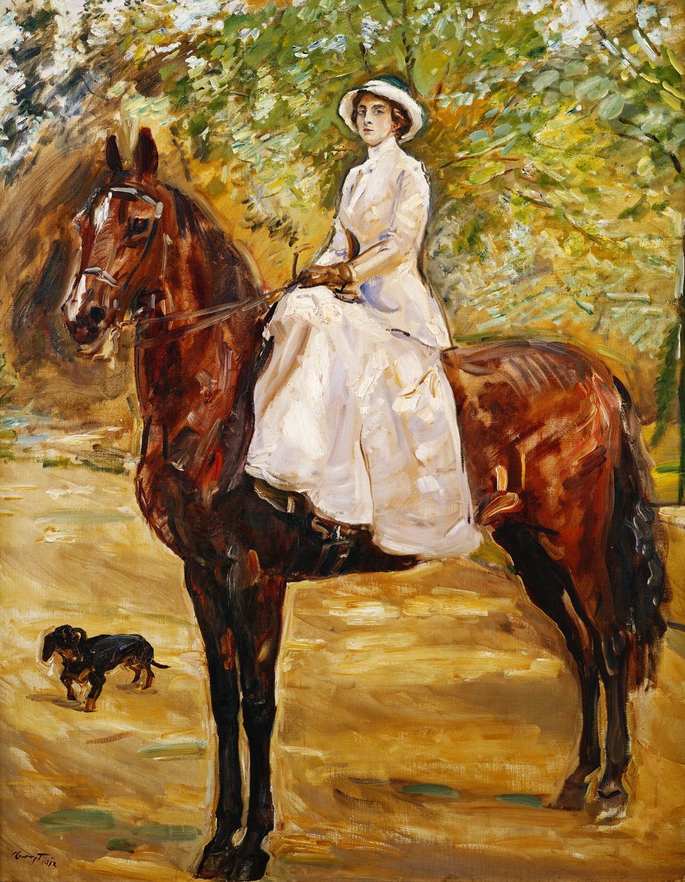 Kvinne i hvitt rir på hest; Dame i hvit ridekjole til hest, 1910 av Max Slevogt