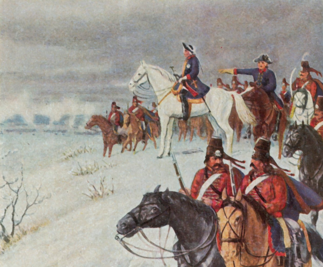Fredrik den store på Bornerhøyden i slaget ved Leuthen, 5. desember 1757 (forbedret fargelitografi) av Max Weese