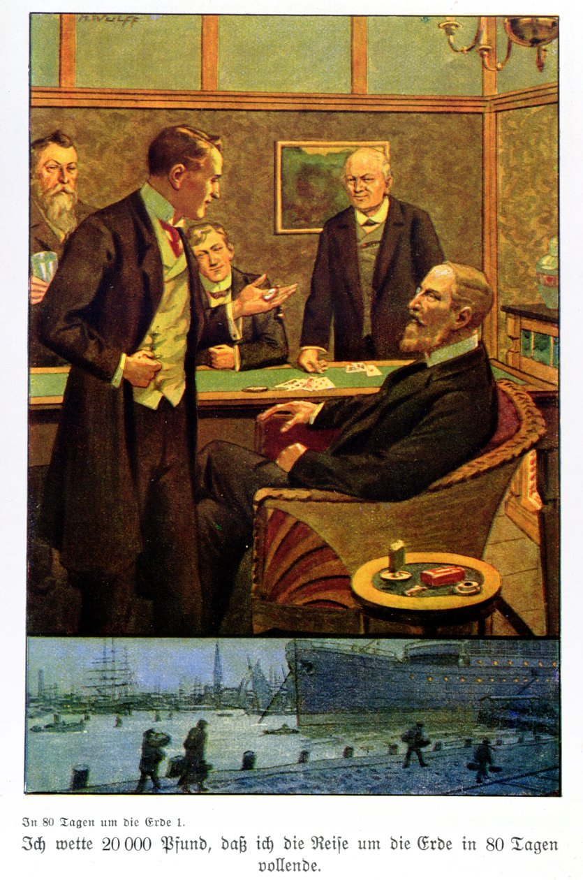 Phileas Fogg tar veddemålet i Reform Club om at han kan reise verden rundt på 80 dager, illustrasjon fra en utgave publisert i Berlin av Max Wulff