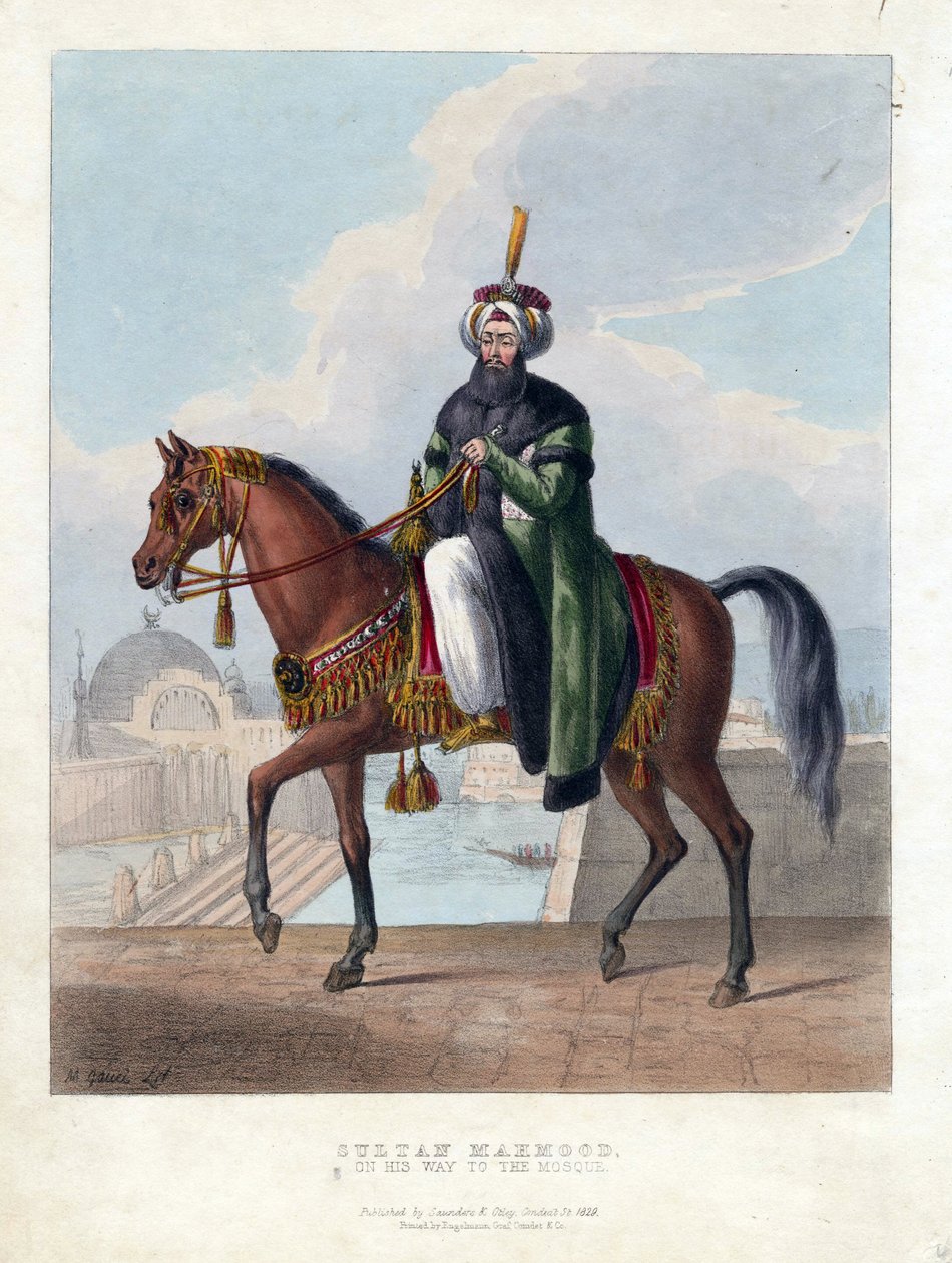 Portrett av Mahmud II (1785-1839) (Mahmoud II), sultanen fra det osmanske riket - Oeuvre de M. Gauci (aktivt 1800-tall) - 1829 - Fargelitografi - 26x20 - Privat samling av Maxim Gauci
