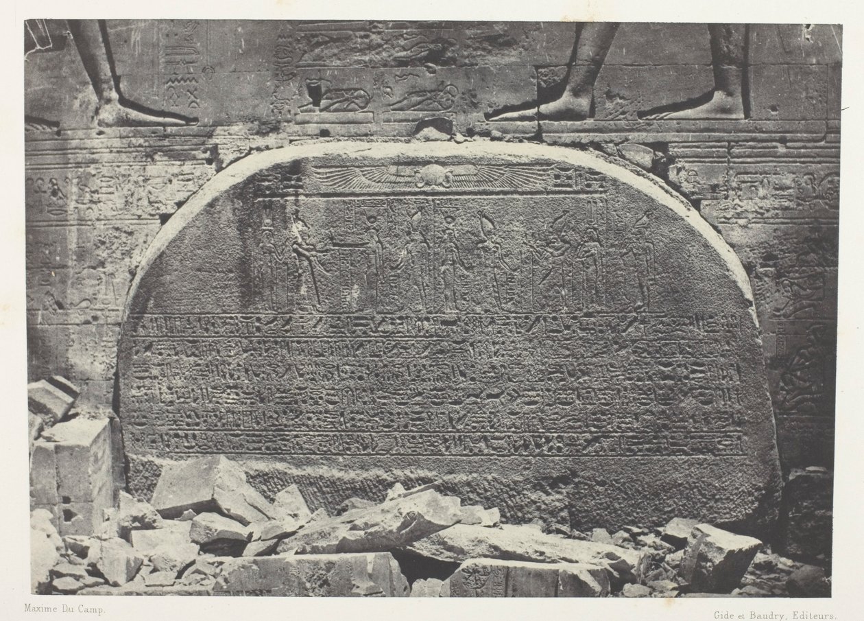 Isis#39; store tempel i Philoe, Proscynema (tilbedelsesakten); Nubia, plate 75 fra albumet «Egypt, Nubia, Palestina og Syria» (1852) av Maxime Du Camp