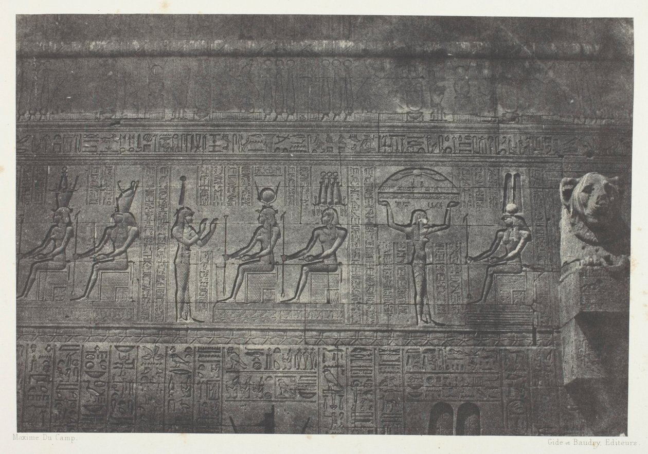 Det store tempelet i Dendera (Teutyres), skulpturer av den senere fasaden; Øvre Egypt, plate 20 fra albumet quot;Egypt, Nubia, Palestina og Syriaquot; (1852) av Maxime Du Camp