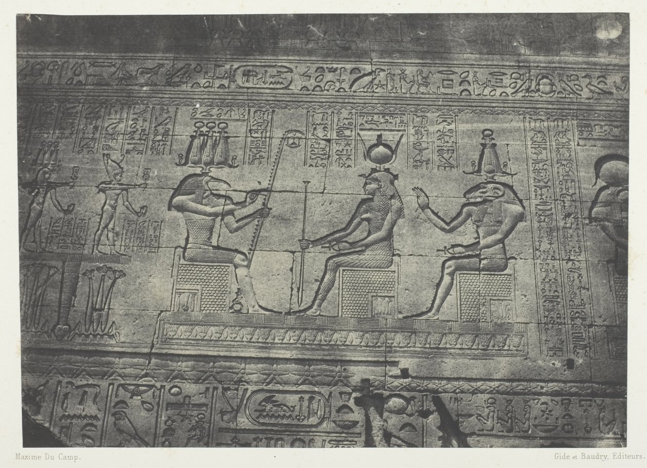 Det store tempelet i Dendera (Teutyres), skulpturer av den senere fasaden; Øvre Egypt, plate 19 fra albumet quot;Egypt, Nubia, Palestina og Syriaquot; (1852) av Maxime Du Camp