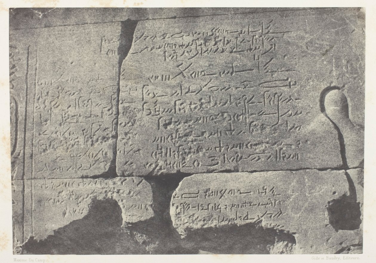 Demotisk innskrift, Isis#39; store tempel i Philoe; Nubia, plate 77 fra albumet «Egypt, Nubia, Palestina og Syria» (1852) av Maxime Du Camp