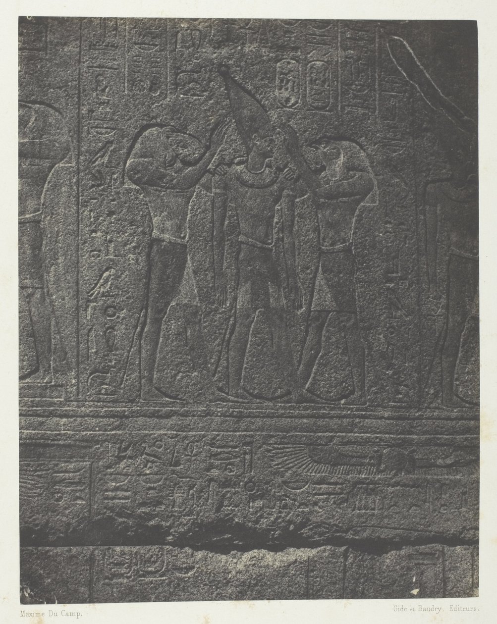 Karnak-palasset, utvendige skulpturer av granittreservatet; Theben av Maxime Du Camp
