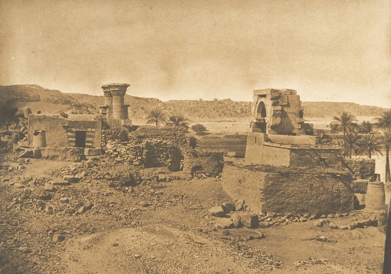 Ruinene og landsbyen Begueh, en liten øy vest for Philae, 11. april 1850. av Maxime Du Camp